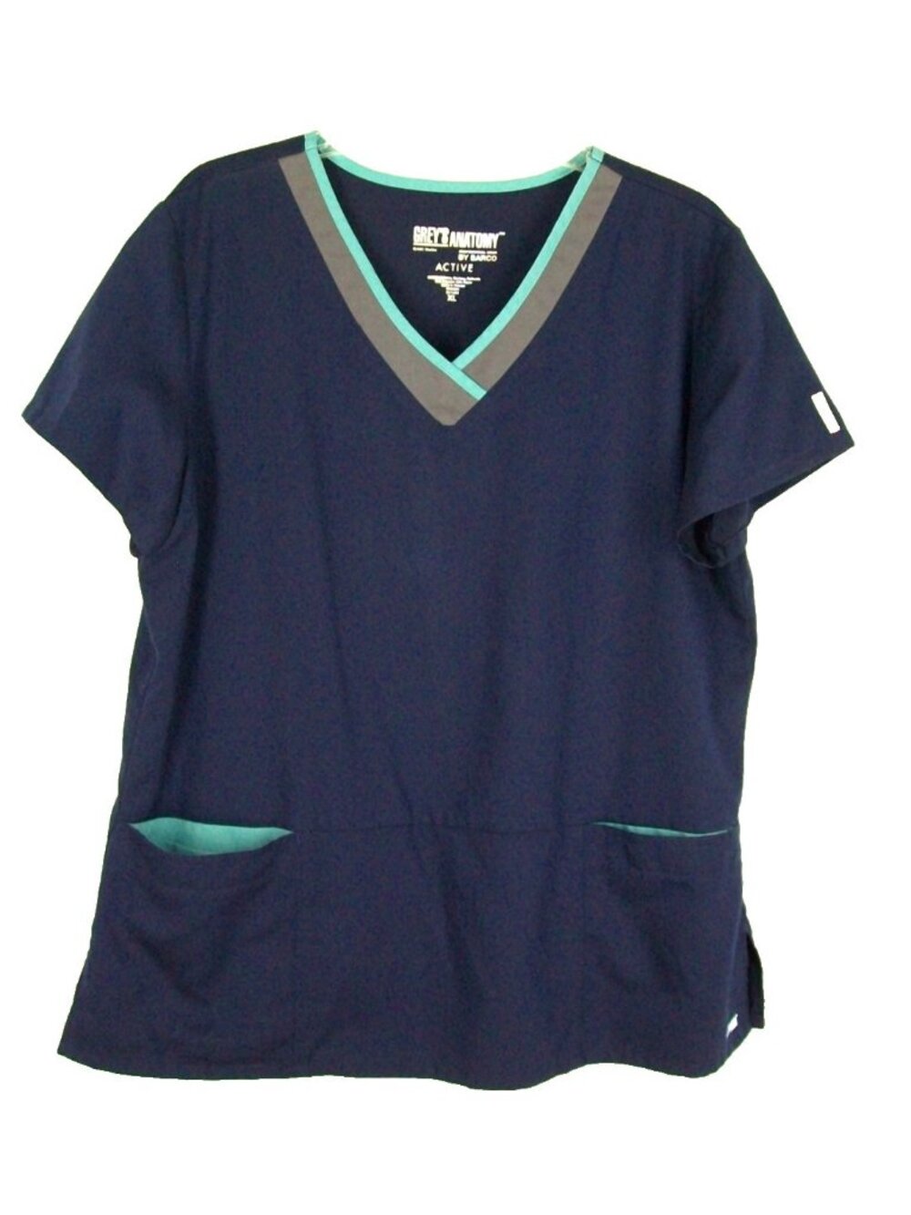 Grey's Anatomy Scrub Top XL Active Navy Blue Vneck Turquoise Gray Trim Barco
